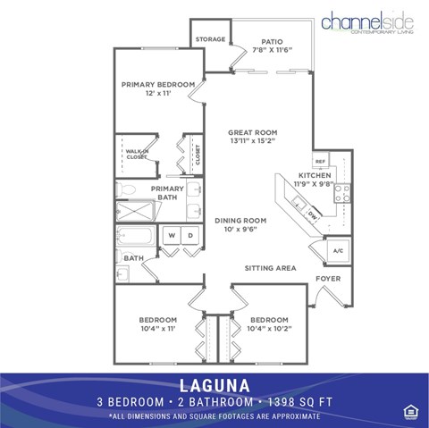 Floor plan for 3 beds, 2 baths, 1398 sqft